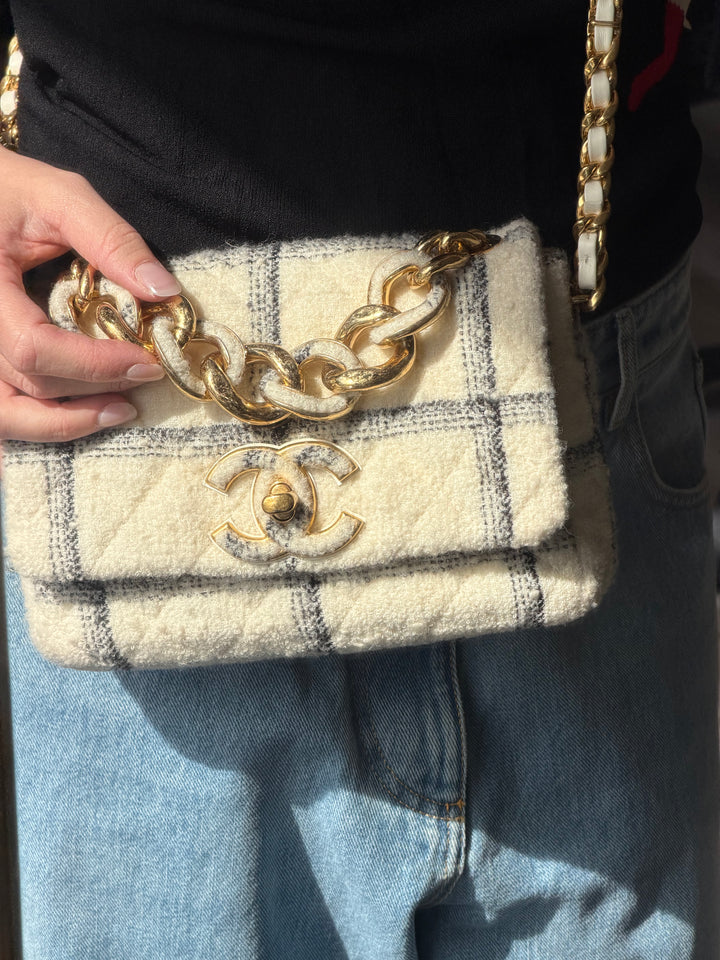 Chanel Small Elegant Chain Flap Wool Tweed White Black Gold Hardware 2022