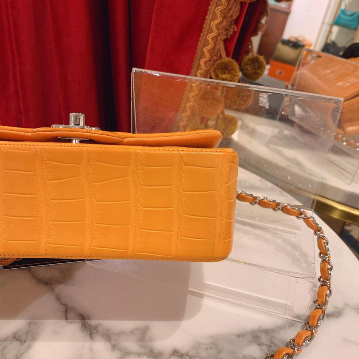 Chanel Orange Matte Croc Mini Flap Silver Hardware 2014