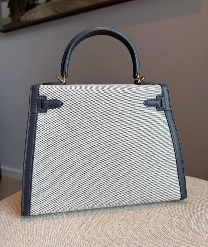 Hermès Limited Edition Ardoise Swift and Ecru Toile Kelly 25 Sellier Gold Hardware 2025