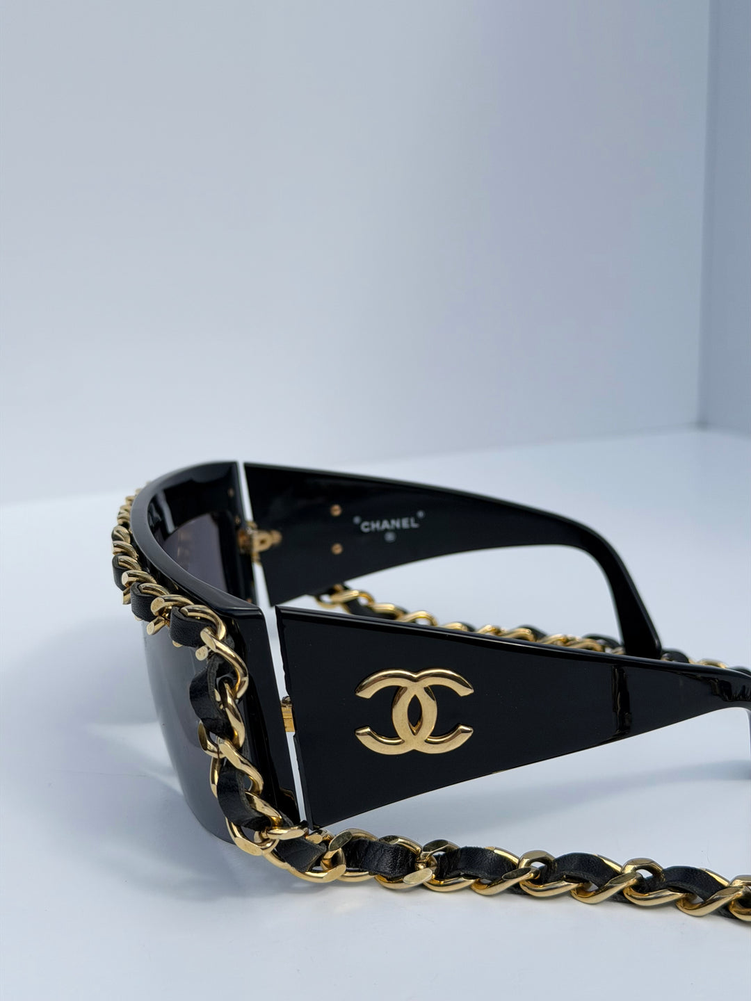 Chanel 1992 Runway Chain Sunglasses Black Gold Hardware