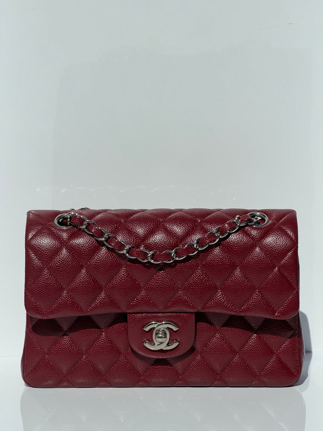 Chanel Small Classic Double Flap Caviar Burgundy Silver Hardware 2020