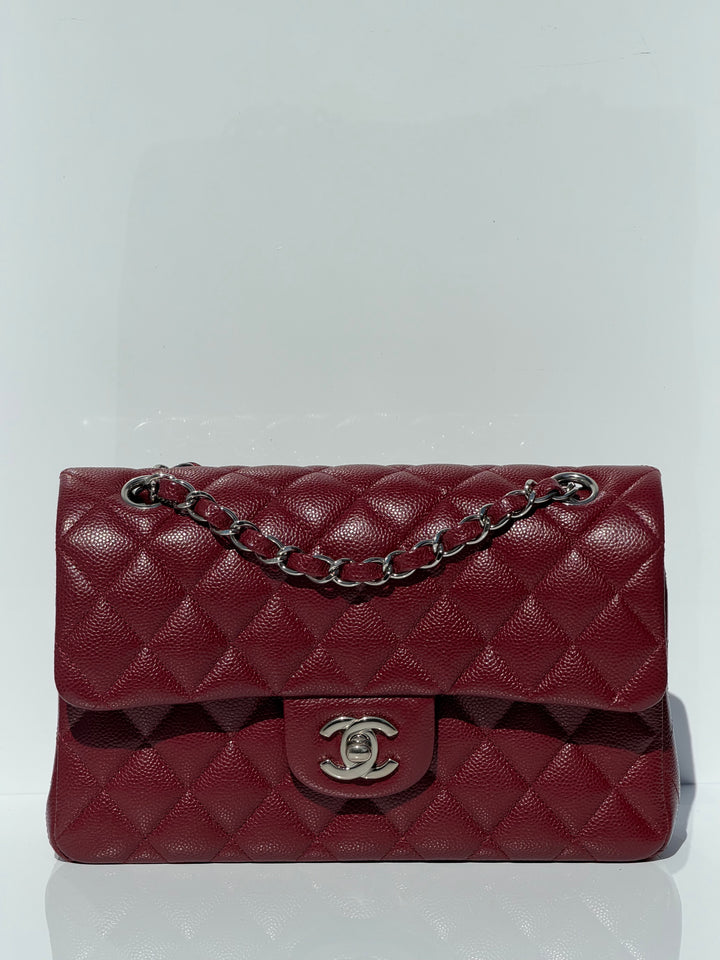Chanel Small Classic Double Flap Caviar Burgundy Silver Hardware 2020
