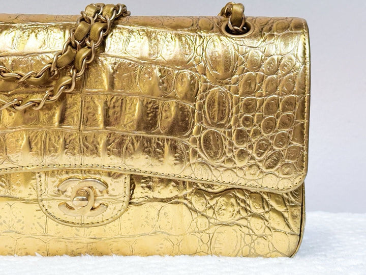 Chanel Metallic Gold Croc Embossed Medium Classic Flap Bag