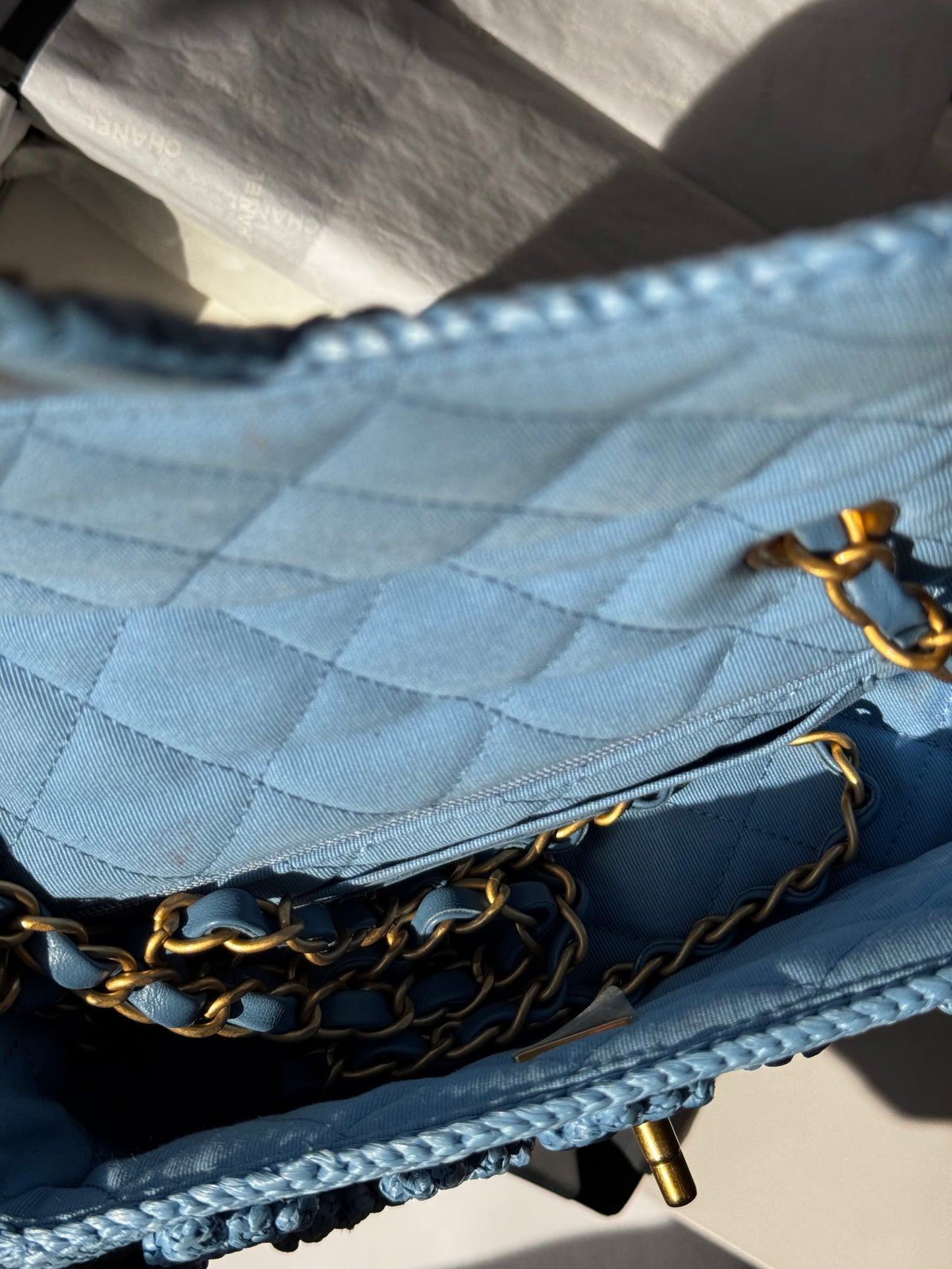 Chanel 24P Blue Braided Raffia Mini Flap Bag