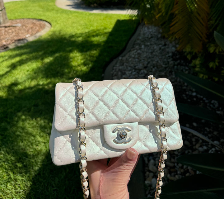 Chanel 21S White Iridescent Calfskin Mini Flap Bag