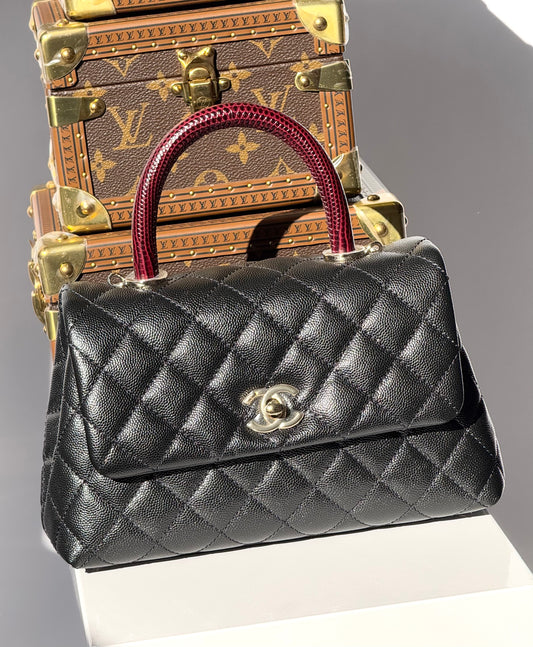 Chanel Small Black Caviar Coco + Burgundy Lizard Top Handle