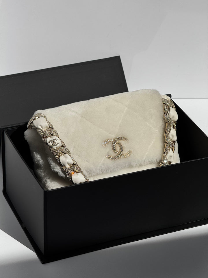 Chanel Shearling & Strass Flap Bag White Shearling with Gold Hardware 2020