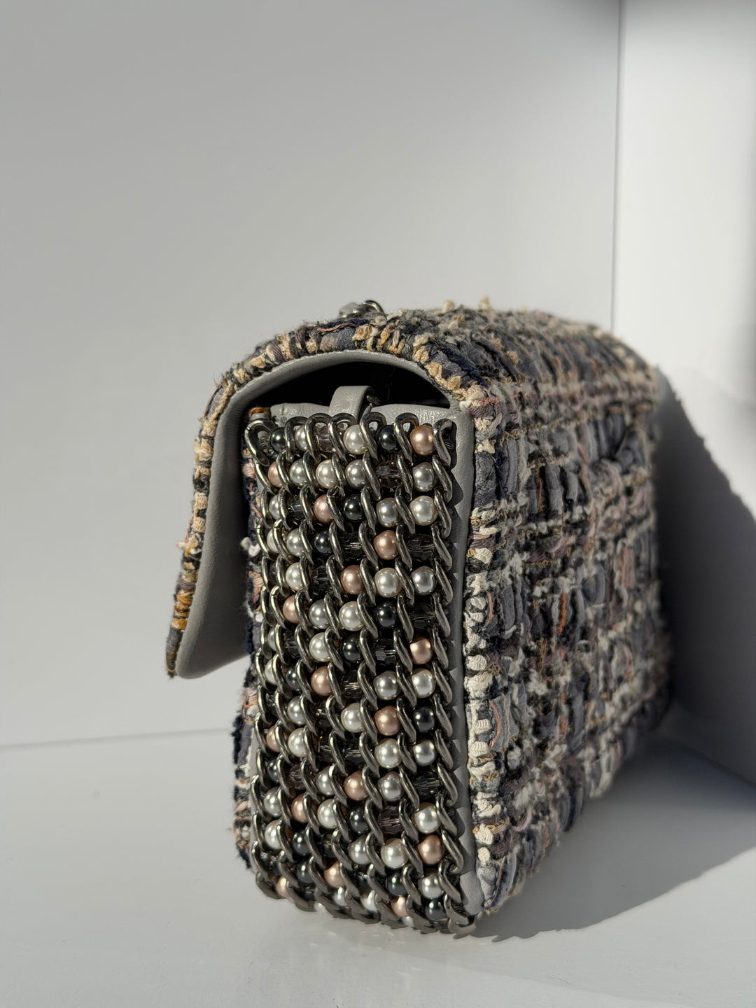 Chanel River of Pearls Mini Flap Quilted Tweed Grey Aged Silver Hardware