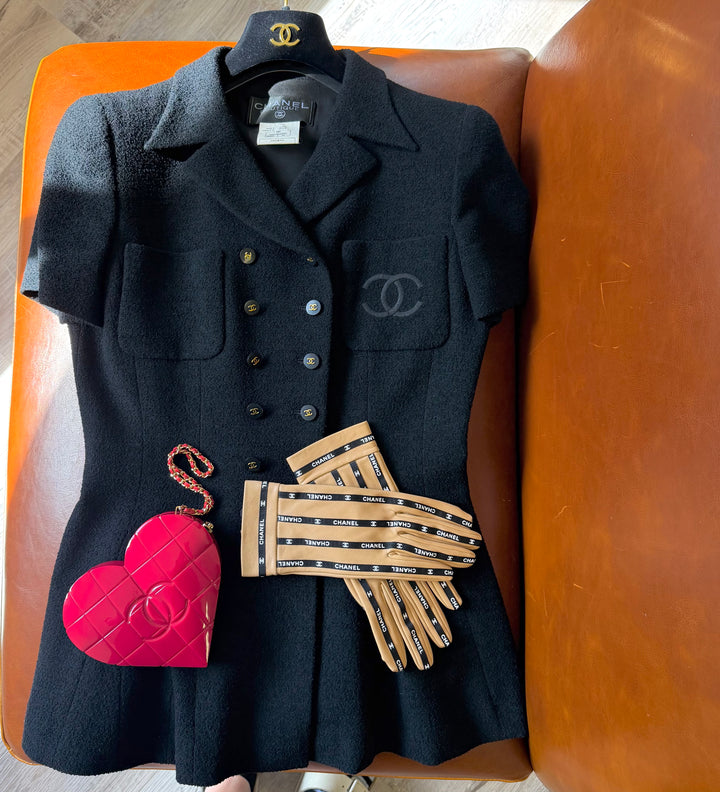 Chanel 1995 Black Tweed CC Logo Peplum Jacket
