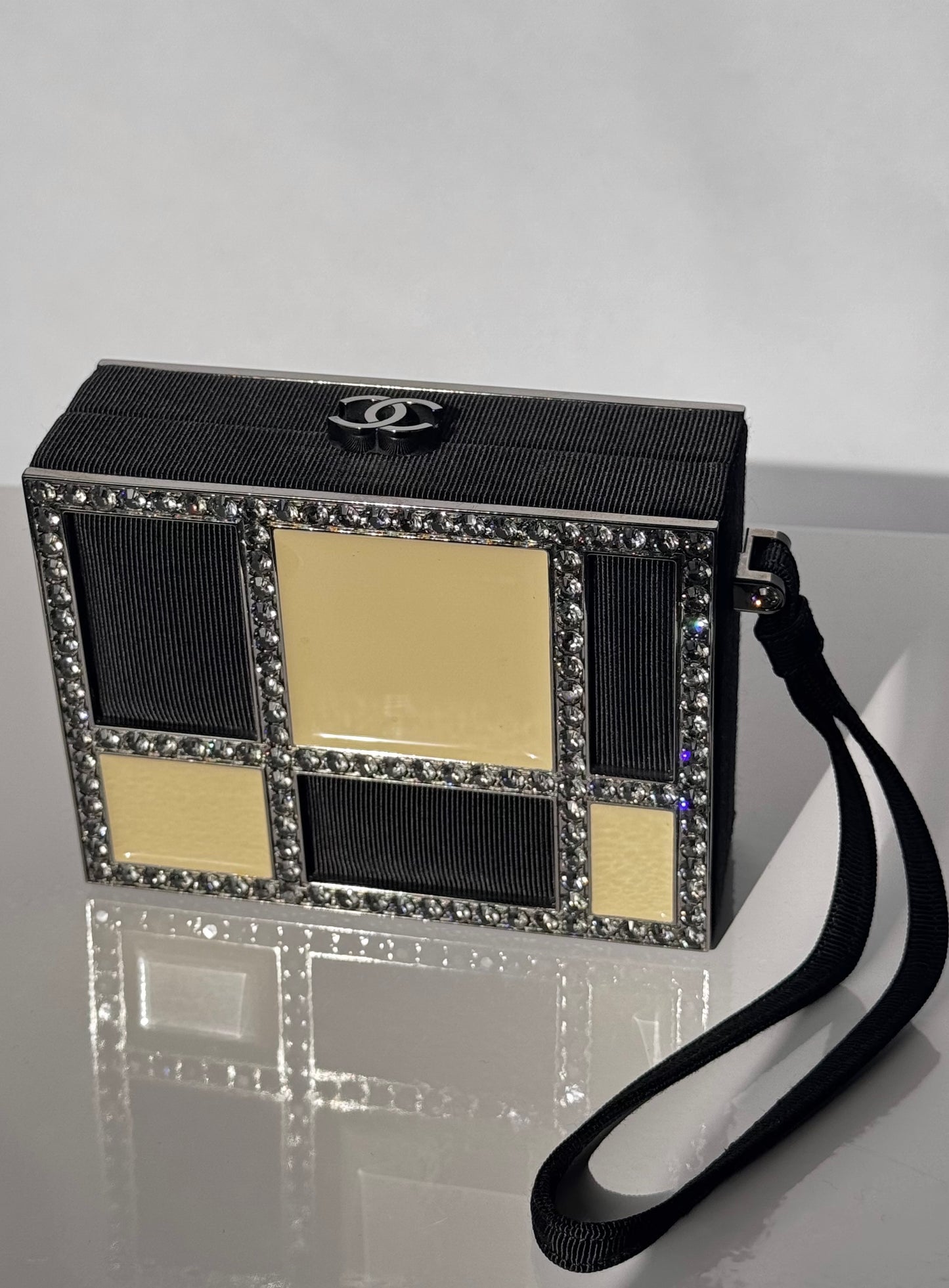 Chanel Minaudière Clutch in Plexi, Black cotton Piqué and Rhinestones