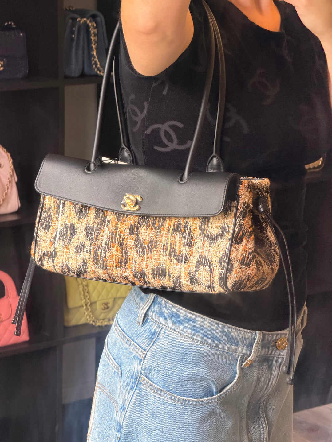 Chanel Small Shopping Bag Brown Black & White Leopard Tweed & Calfskin Gold Tone Hardware 2026