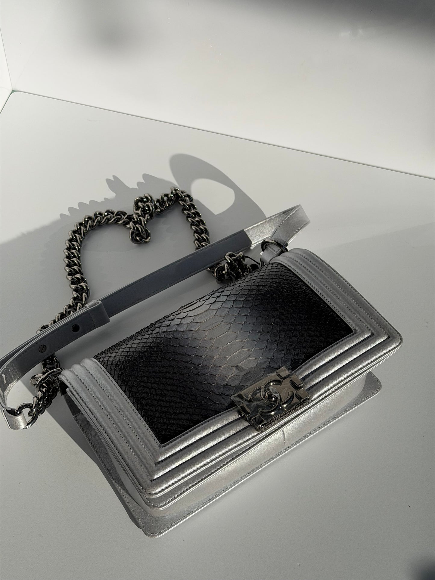 Chanel 16K Silver Python Old Medium Boy Bag