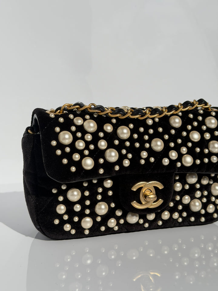 Chanel Black Velvet Mini Pearl Flap Bag