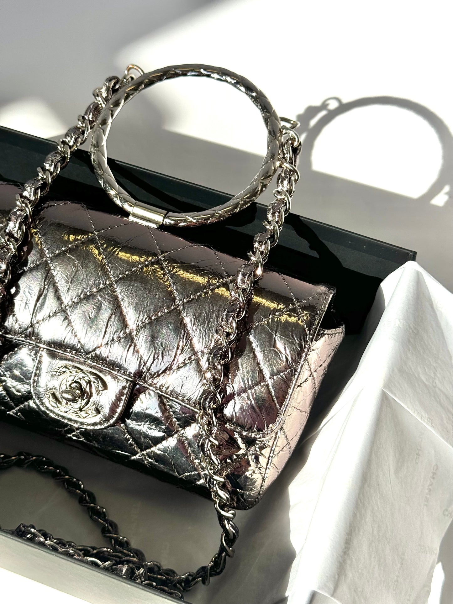 Chanel Metallic Calfskin Mini Ring Handle Flap Bag