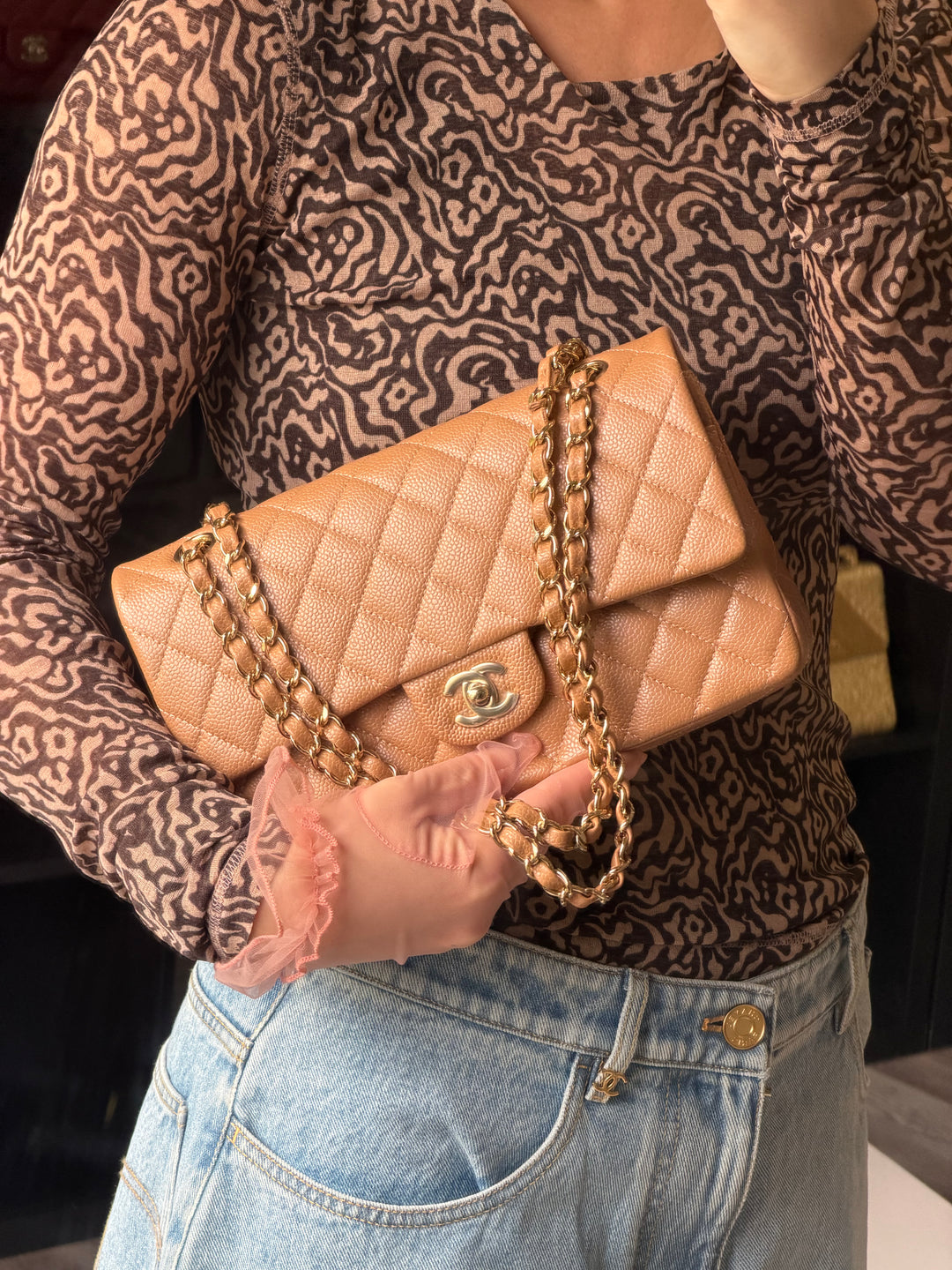 Chanel Medium Classic Flap Bag Dark Beige Caviar Gold Tone Hardware 2018