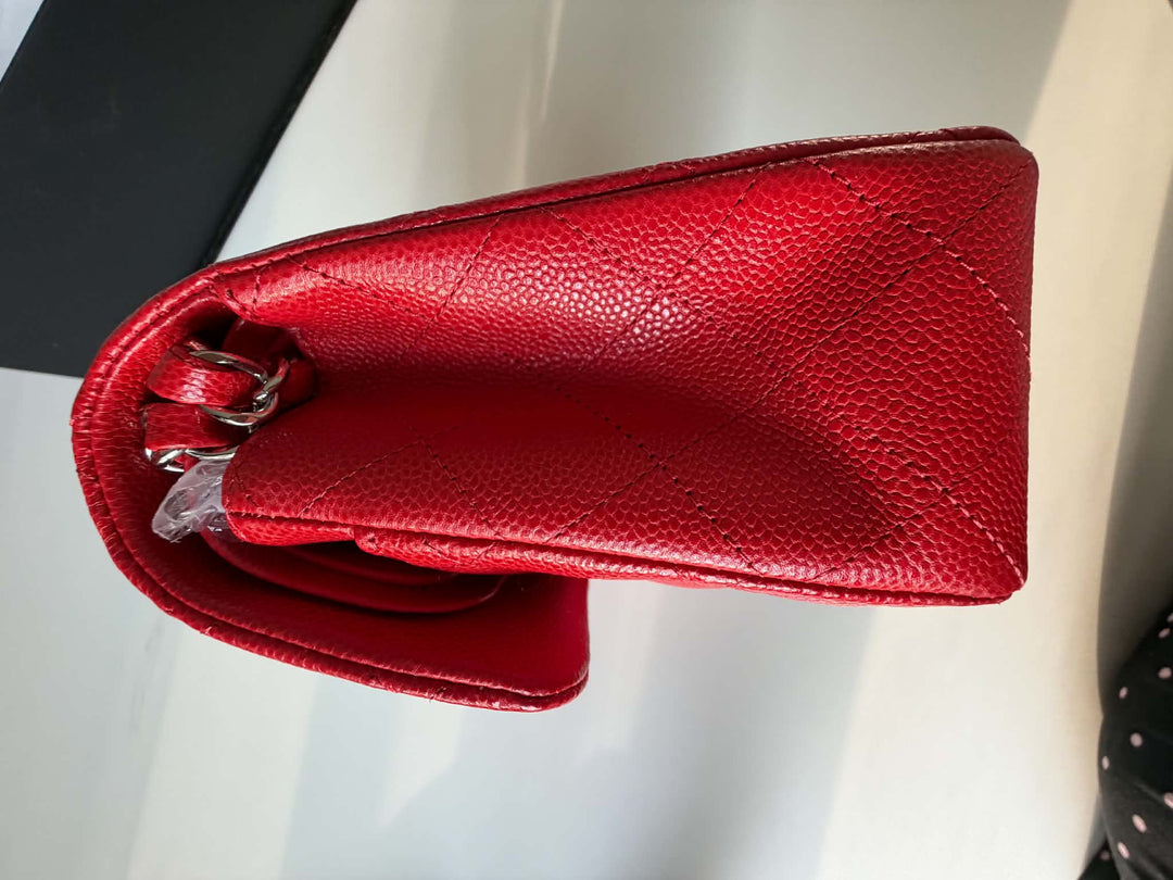 Chanel Small Classic Double Flap Caviar Red Silver Hardware 2020