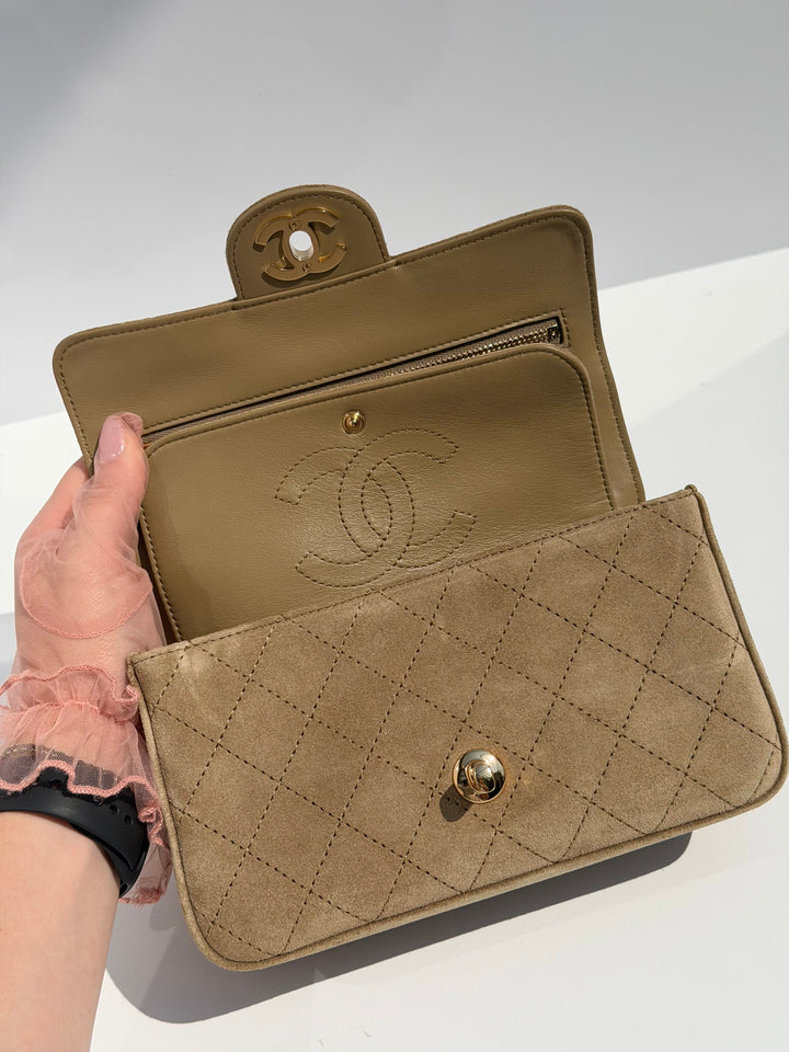 Chanel Mini Flap Souplissimo Suede Calfskin Dark Beige Gold Hardware 2026