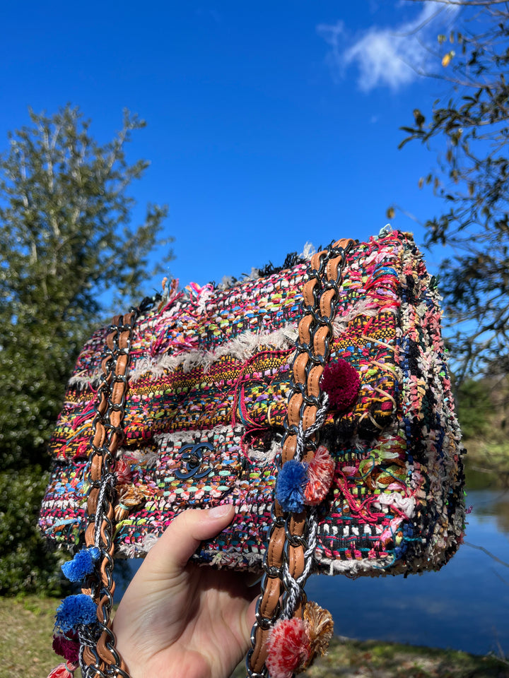 Chanel Jumbo Multicolor Tweed Pom Pom Flap