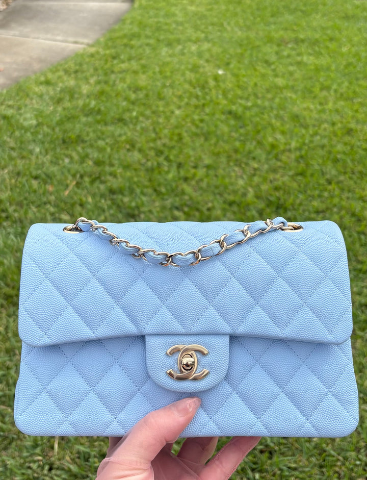 Chanel Small Classic Double Flap Caviar Light Blue Light Gold Hardware 2023