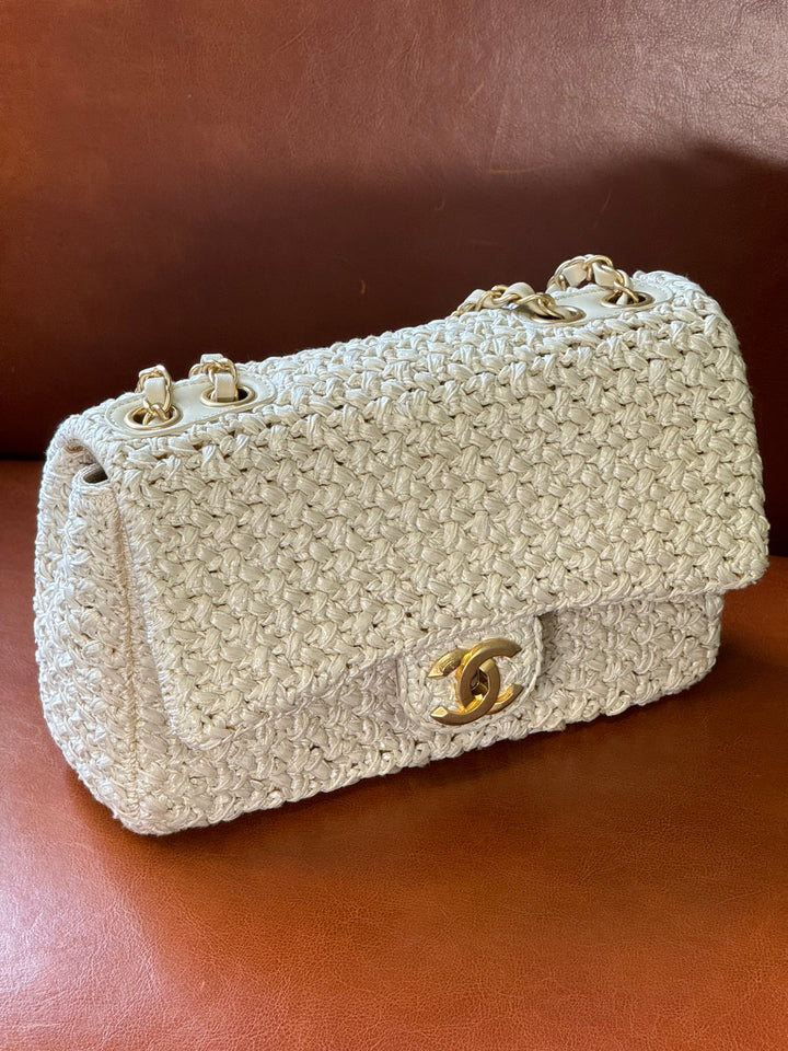 Chanel Raffia Crochet Flap Tan Matte Gold Hardware 18C