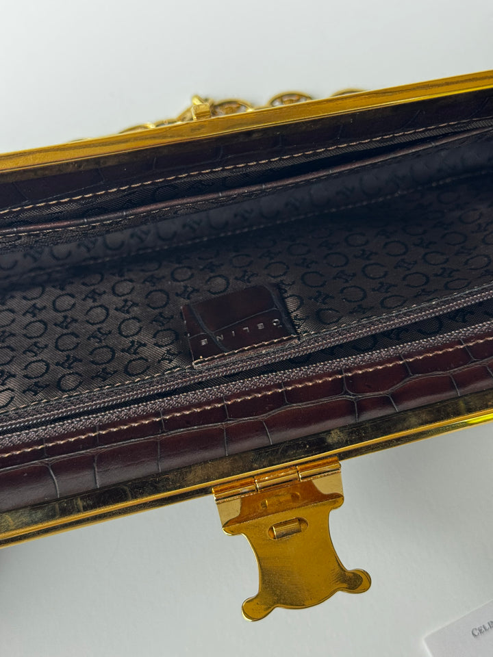 Celine Croc Embossed Brown Shoulder Clutch Bag