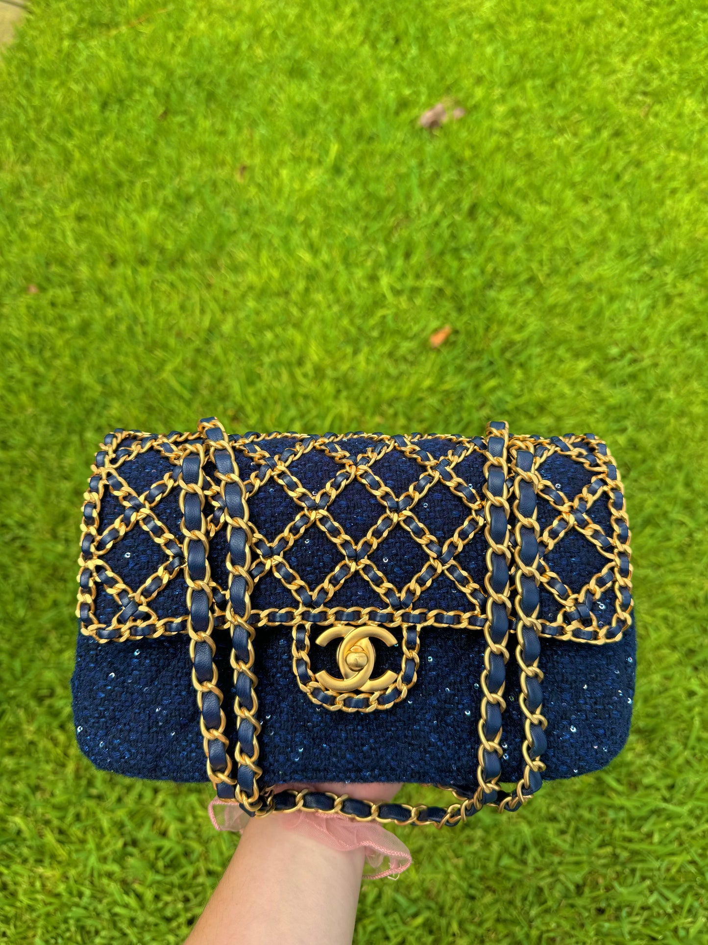 Chanel 2020 Small Woven Chain Blue Tweed Classic Flap