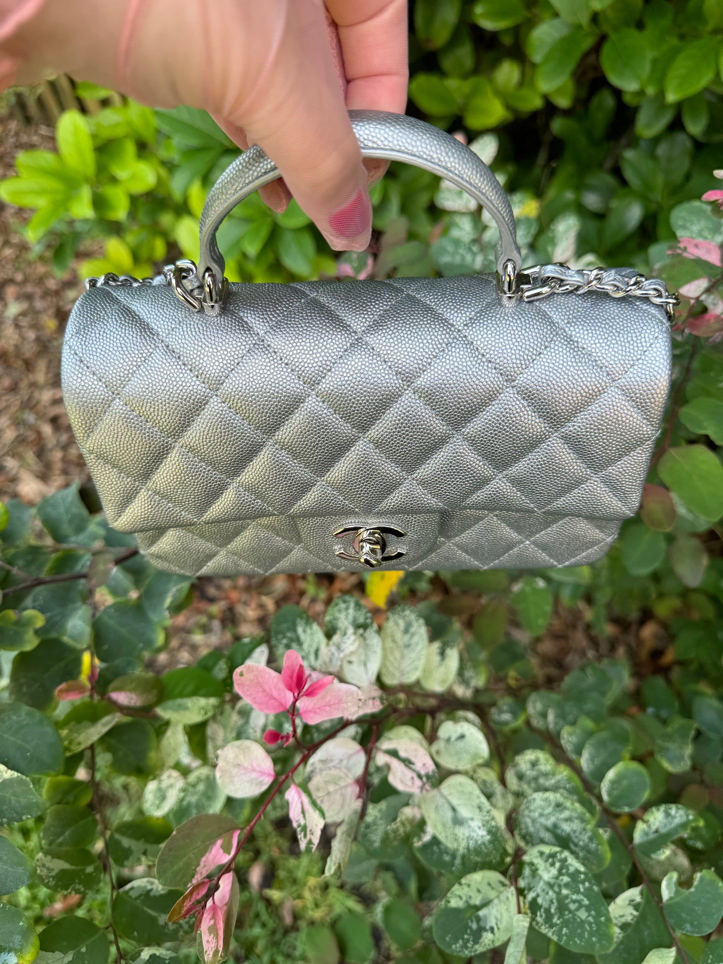 Chanel 21S Mini Metallic Silver Caviar Top Handle