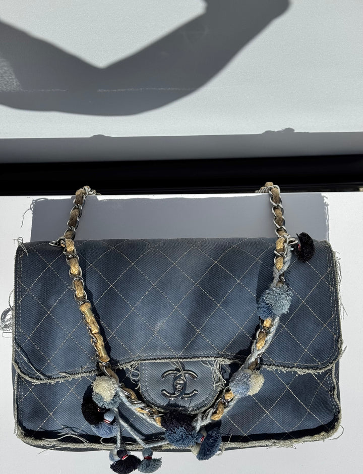 Chanel Denim Paris Dubai Jumbo Pom-Pom Flap