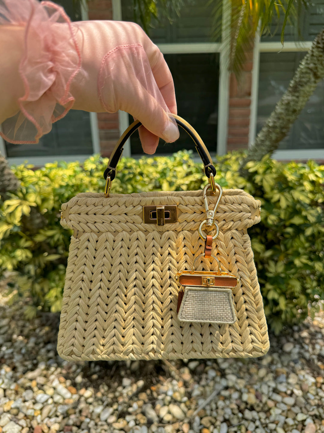 Fendi Peekaboo ISeeU Petite Sand Raffia Bag + Fendi Charm