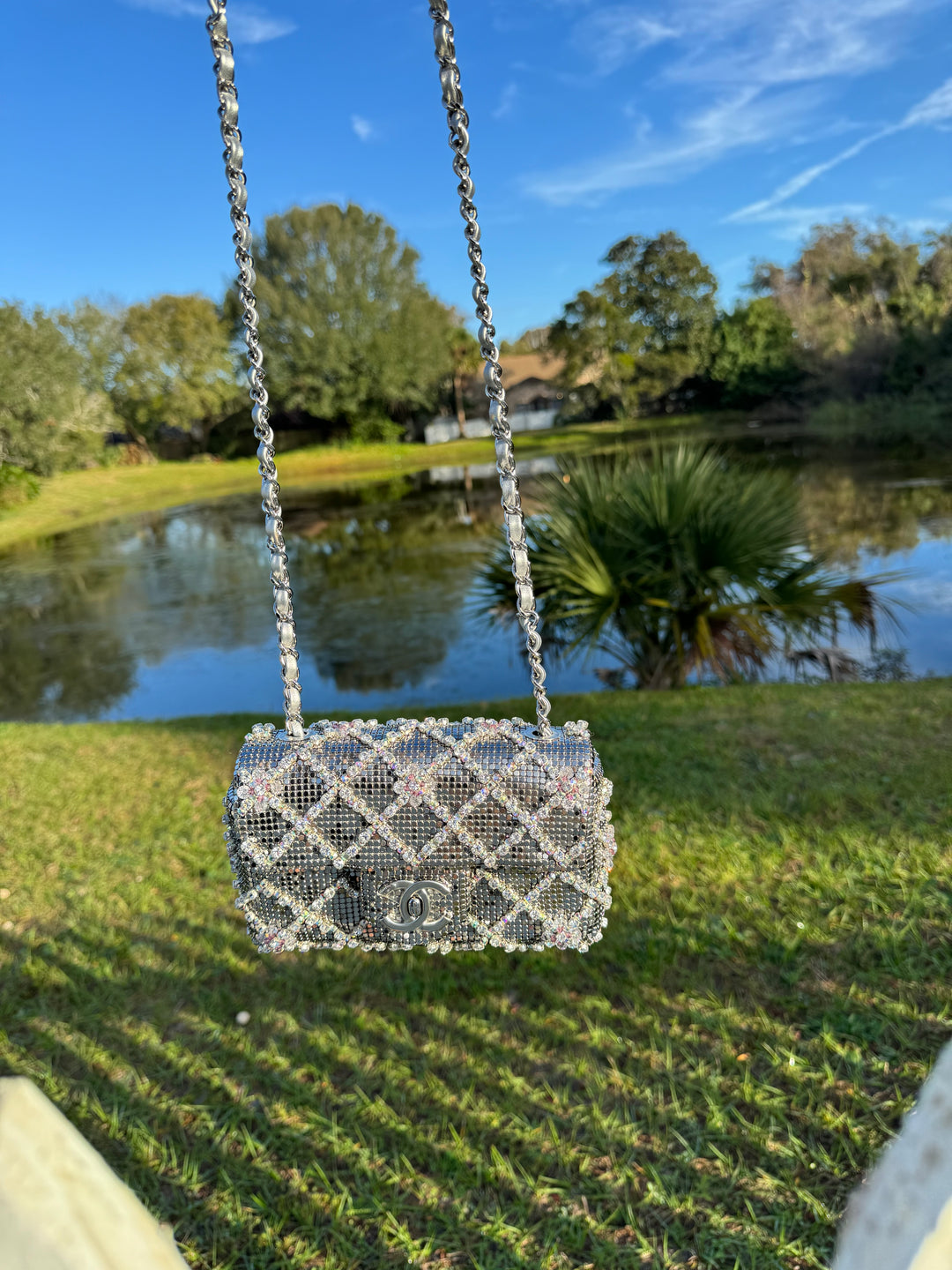 Chanel Silver Crystal Embellished Mini Flap