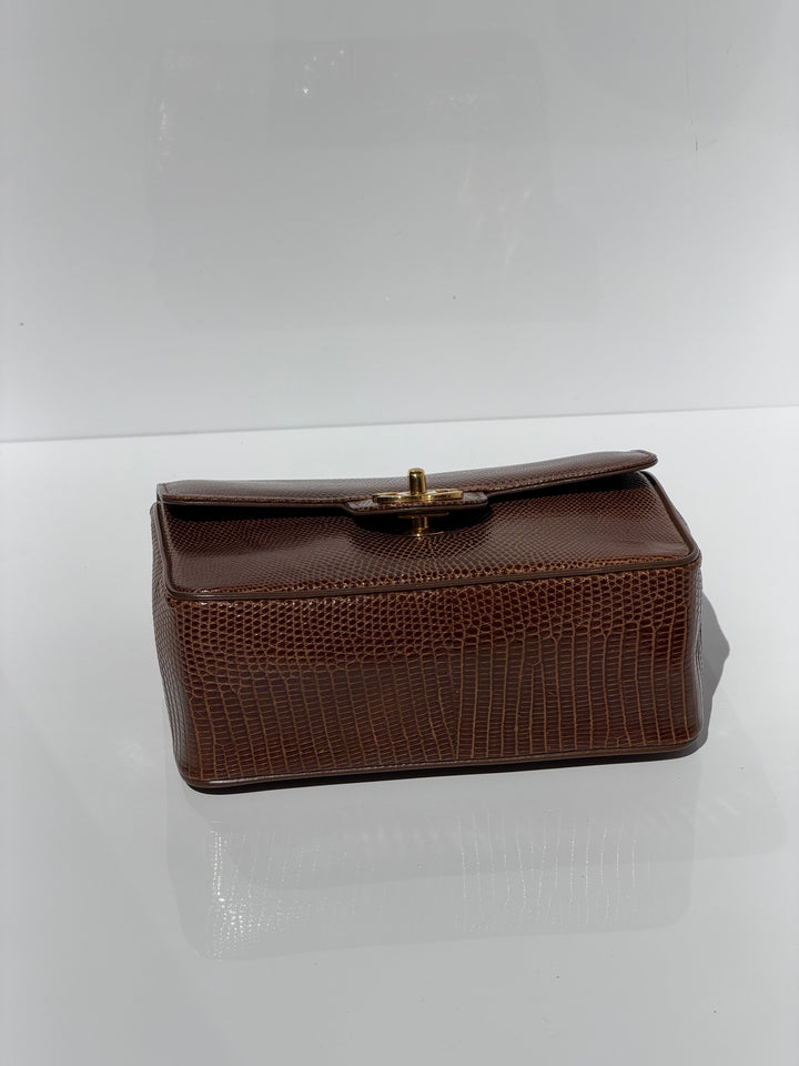 Chanel Brown Vintage Lizard Mini Square Flap Bag 24K Plated Gold Hardware 1986