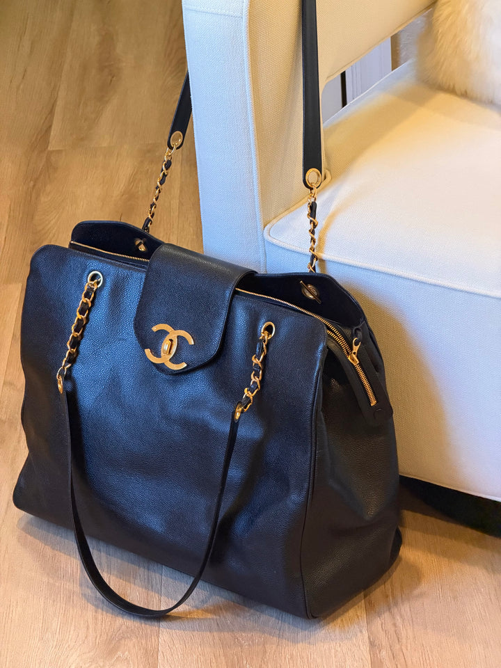 Chanel Black Caviar XL Supermodel Tote Bag 24K Gold Plated Hardware 1994