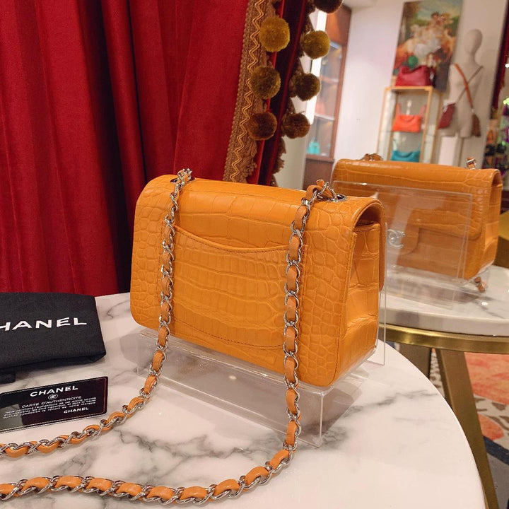 Chanel Orange Matte Croc Mini Flap Silver Hardware 2014