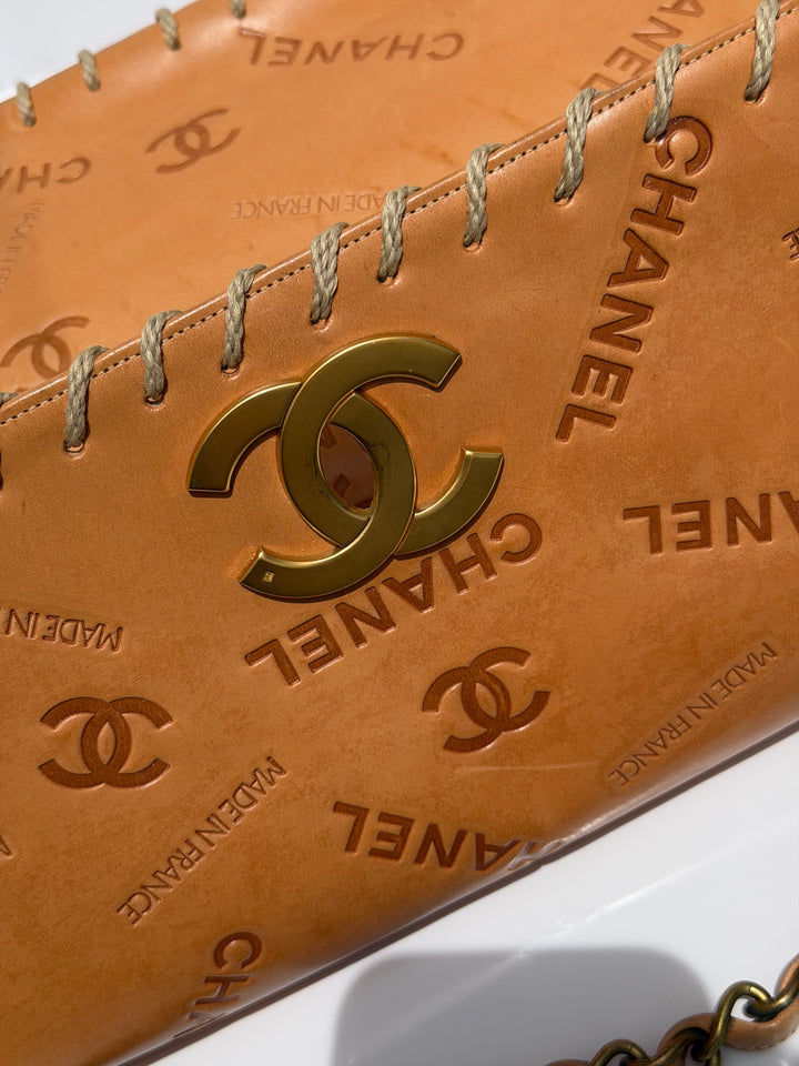 Chanel Jumbo Classic Flap Bag Tan Debossed Logo Calfskin Whipstitched Gold Hardware 1994