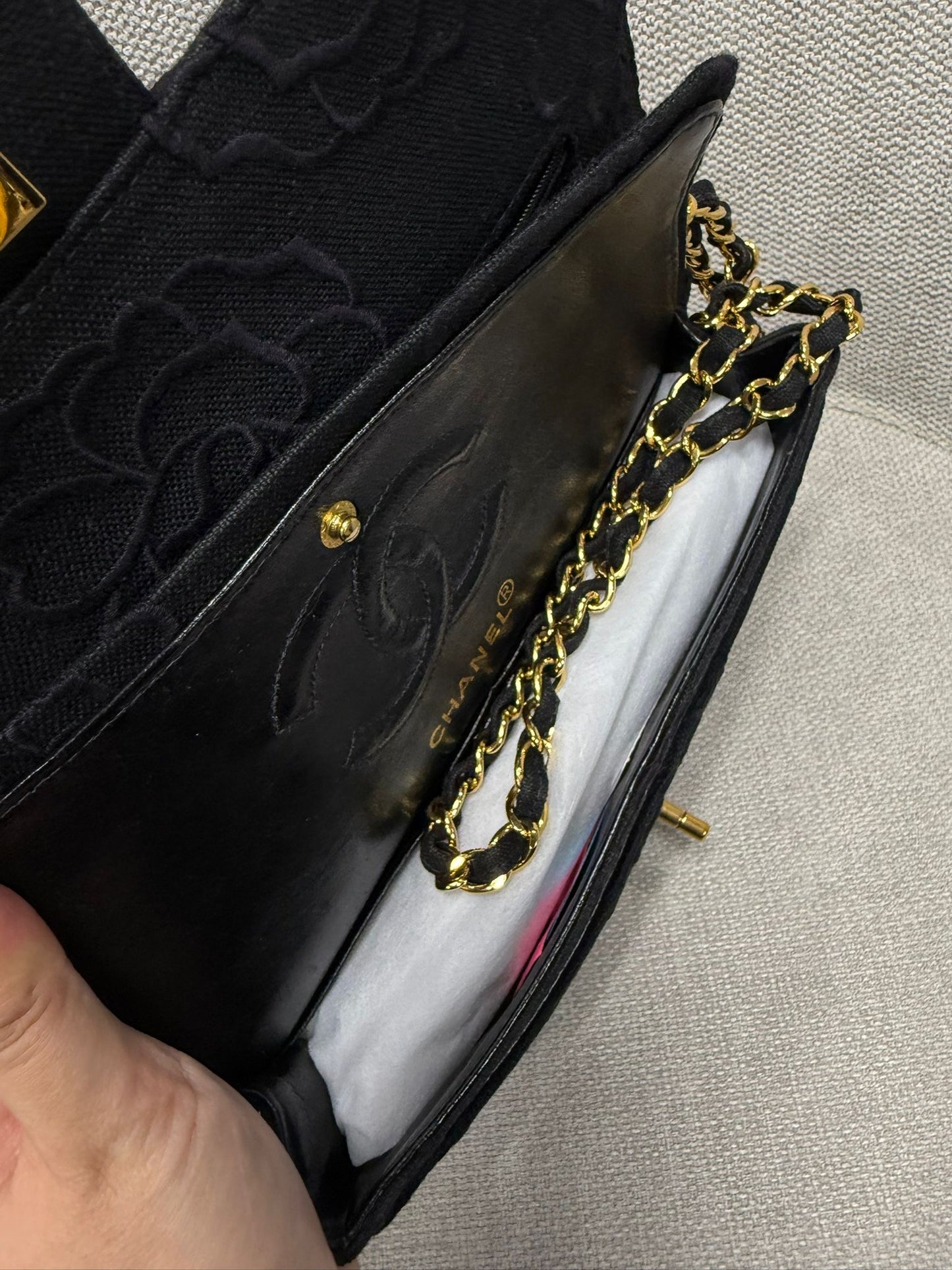 Chanel 1997 Small 24K Black Camellia Classic Flap Bag