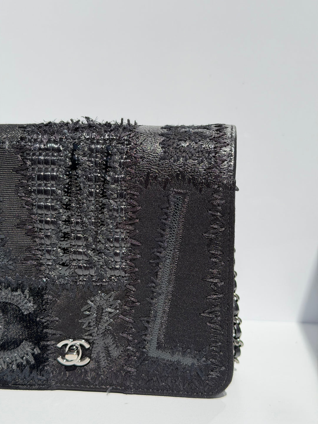 Chanel Black Mixed Media Patchwork Square Wallet on Chain Silver Hardware 2018