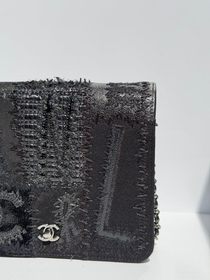 Chanel Black Mixed Media Patchwork Square Wallet on Chain Silver Hardware 2018
