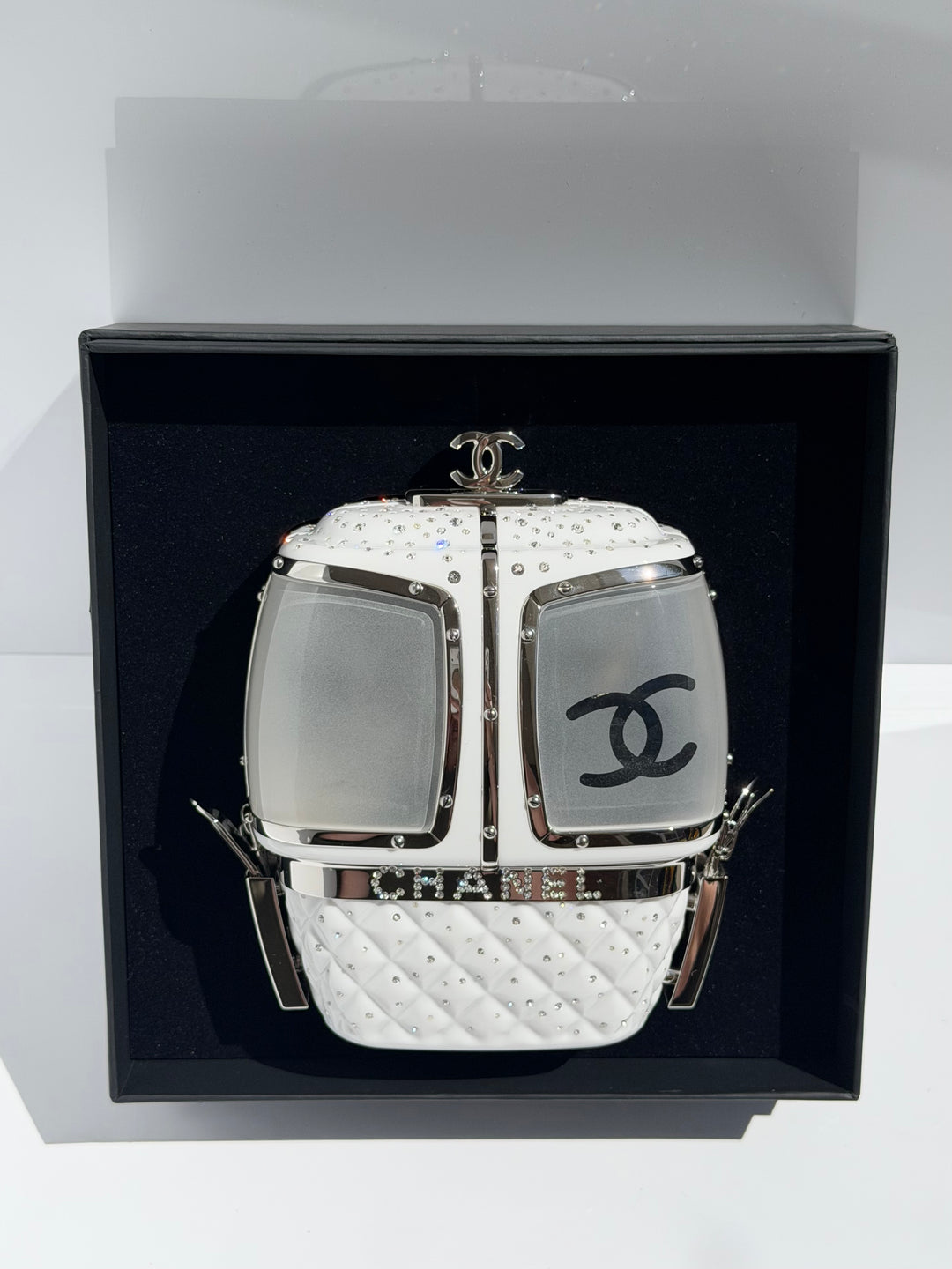 Chanel Ski Gondola Swarovski Minaudière White Silver Hardware 2019