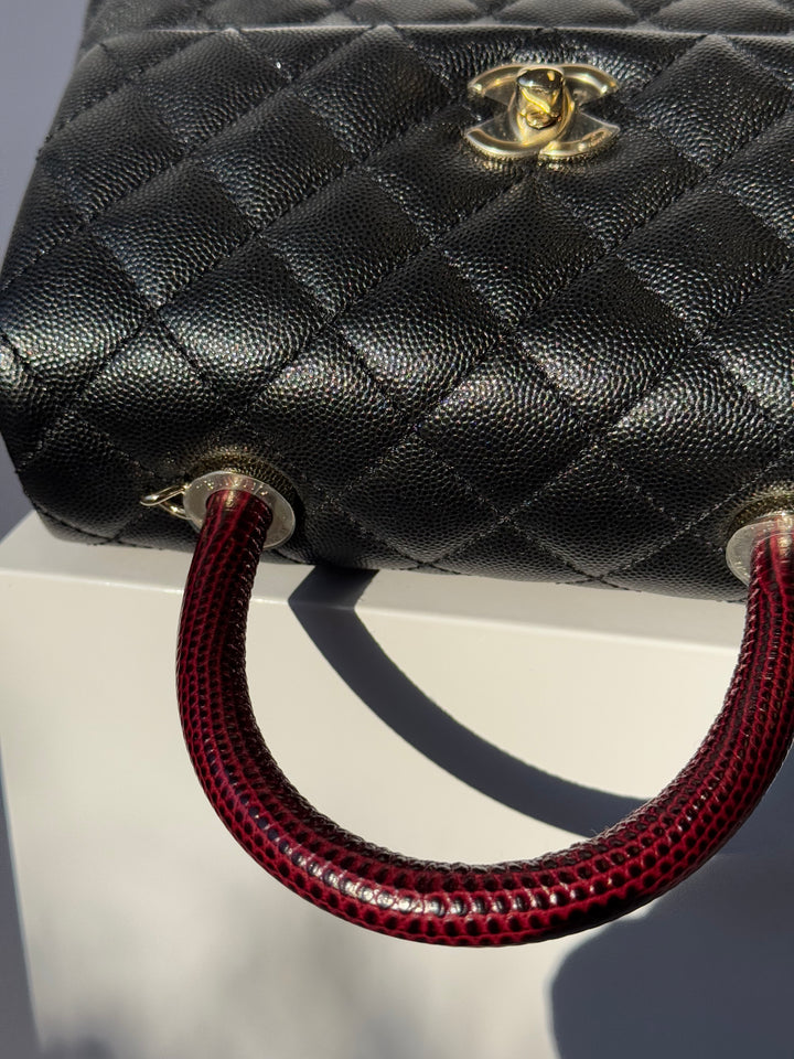Chanel Small Black Caviar Coco + Burgundy Lizard Top Handle