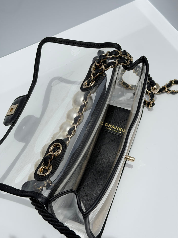 Chanel Sand By The Sea Pearl Strap Flap Bag PVC Black Light Gold Hardware 2019