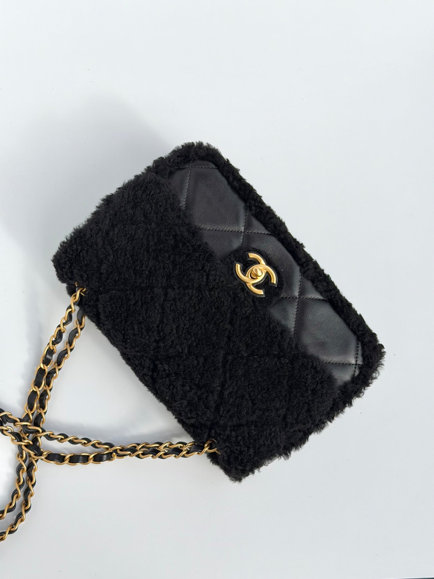 Chanel 24K Black Shearling Medium Flap Bag