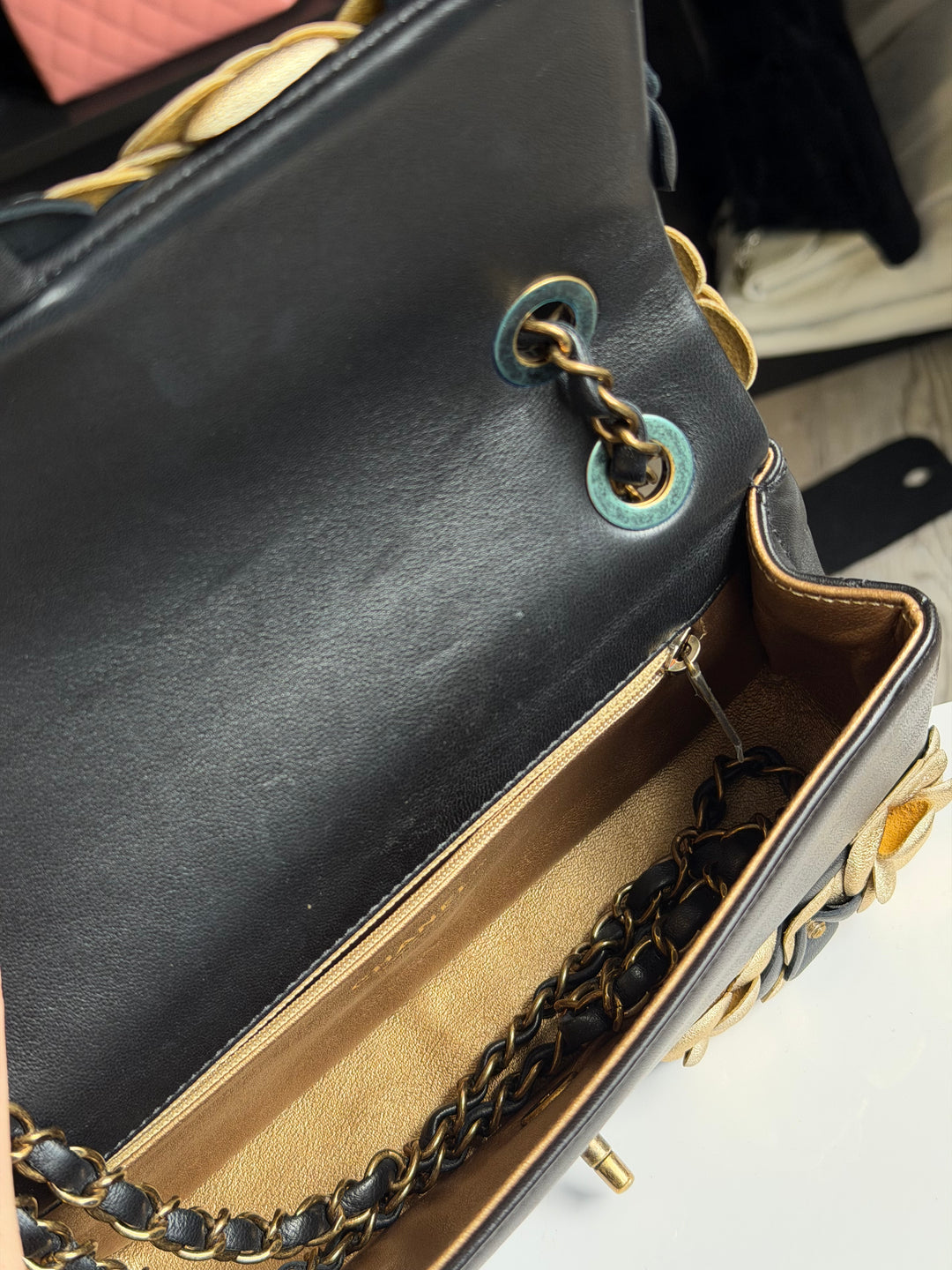 Chanel Metallic Gold and Black Lambskin Camellia Rose Appliqué Medium Flap Bag