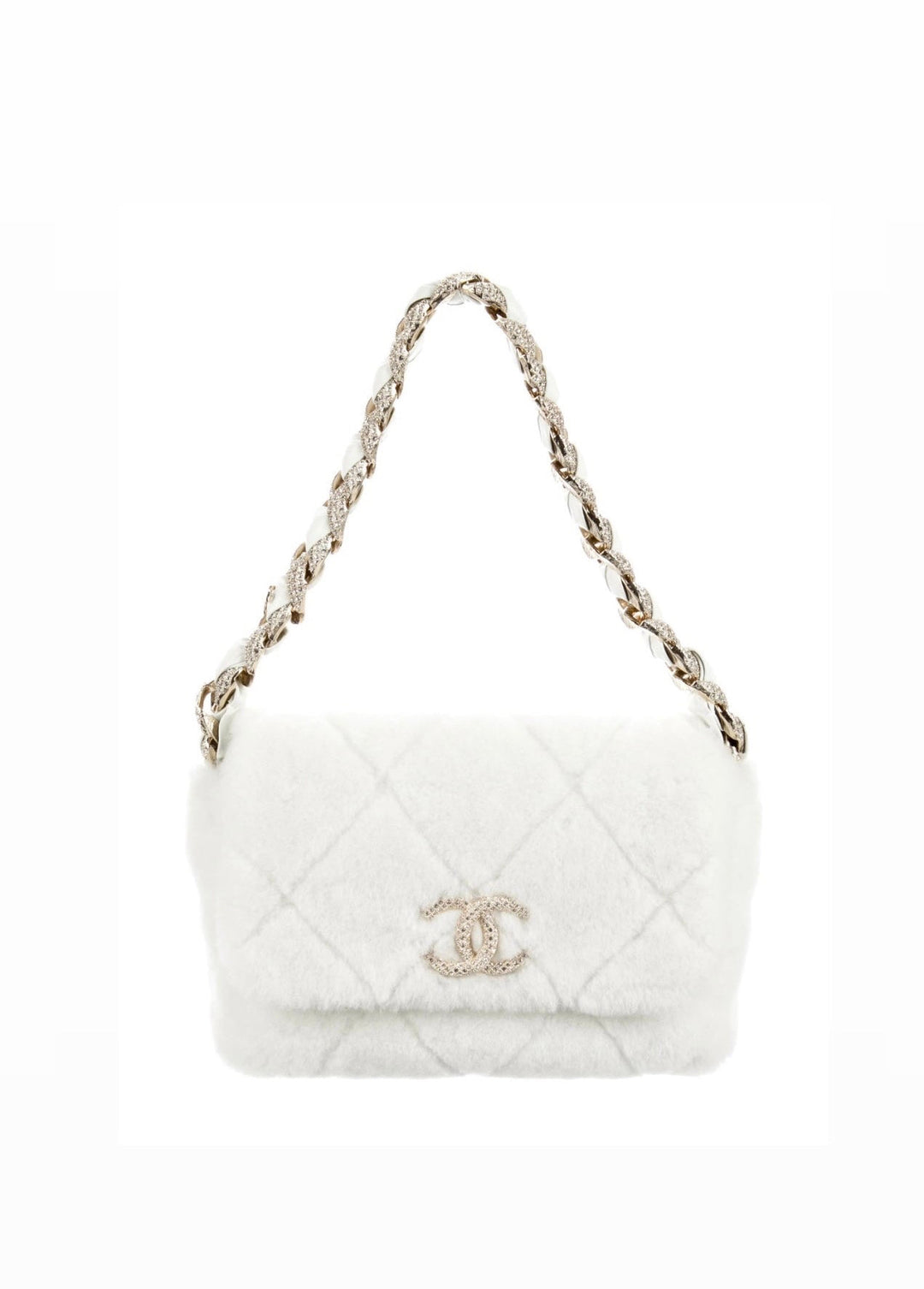 Chanel Shearling & Strass Flap Bag White Shearling with Gold Hardware 2020