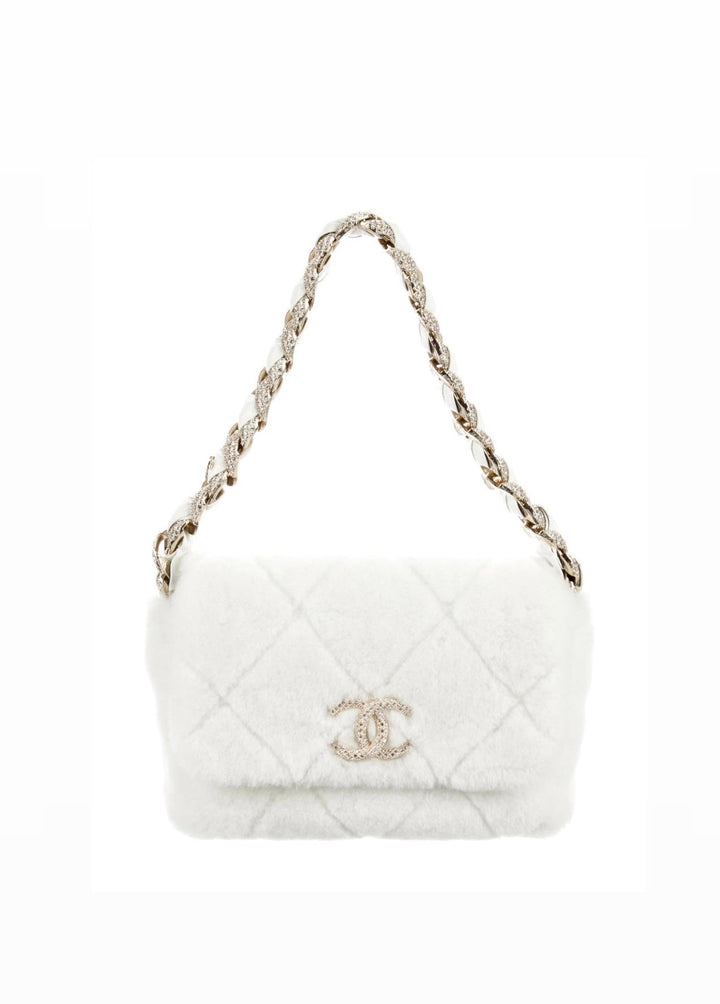 Chanel Shearling & Strass Flap Bag White Shearling with Gold Hardware 2020