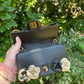 Chanel Metallic Gold And Black Lambskin Camellia Rose Appliqué Mini Rectangle Flap