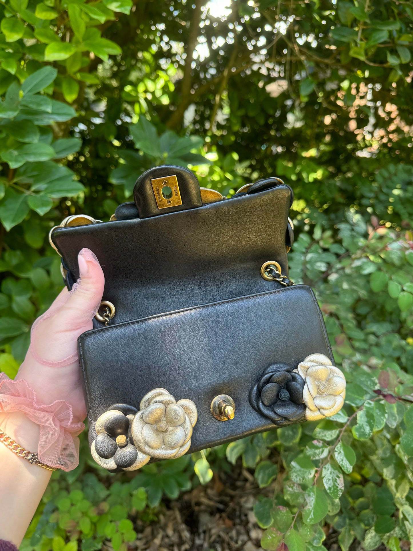 Chanel Metallic Gold And Black Lambskin Camellia Rose Appliqué Mini Rectangle Flap