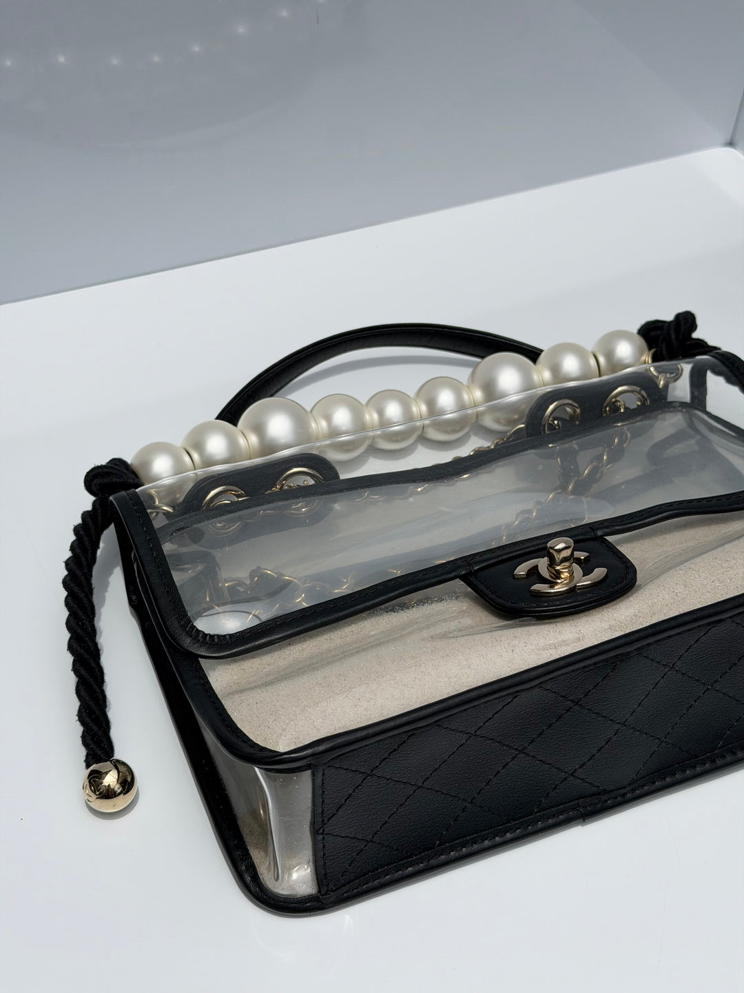 Chanel Sand By The Sea Pearl Strap Flap Bag PVC Black Light Gold Hardware 2019