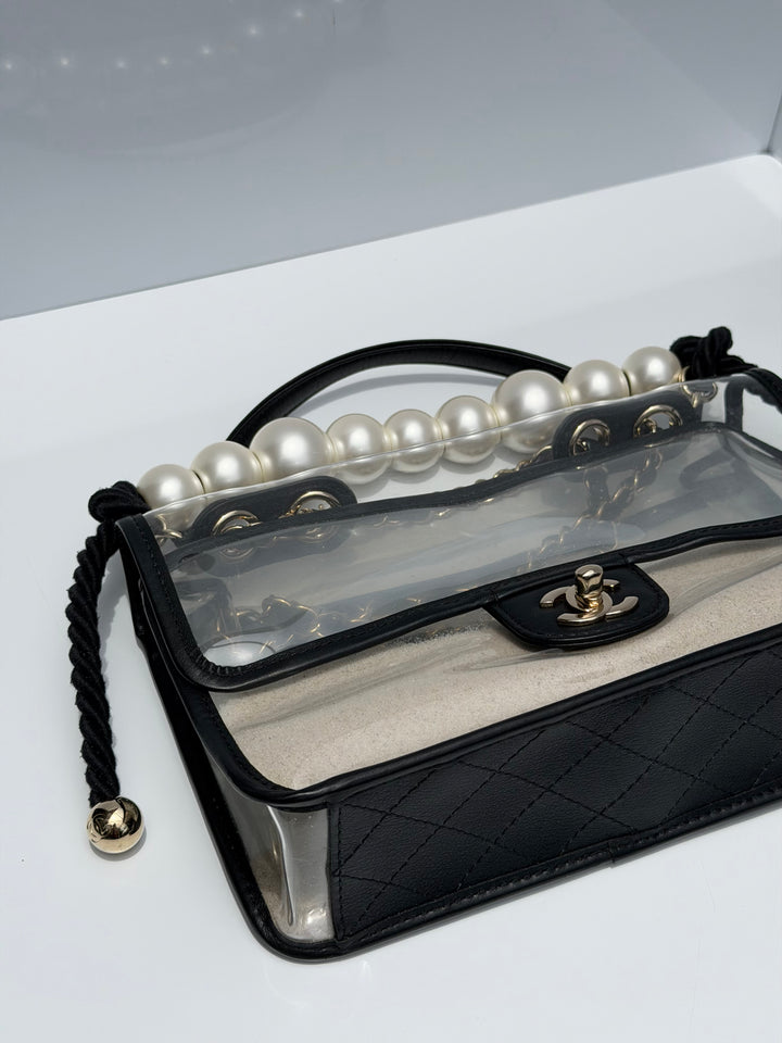 Chanel Sand By The Sea Pearl Strap Flap Bag PVC Black Light Gold Hardware 2019