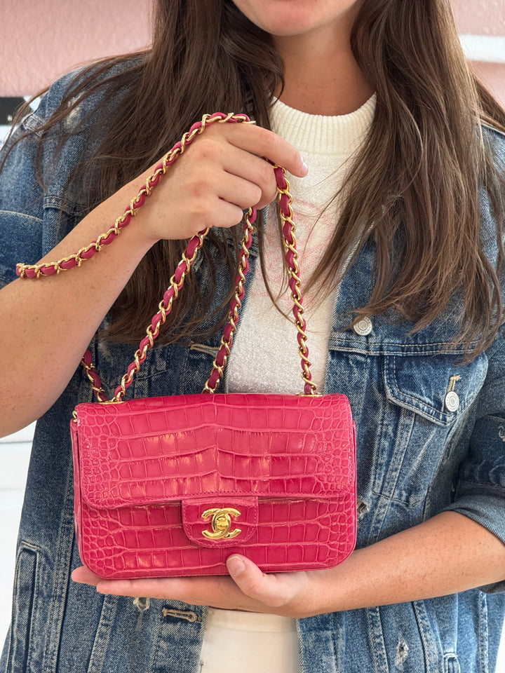 Chanel Pink Crocodile Mini Rectangular Flap Bag