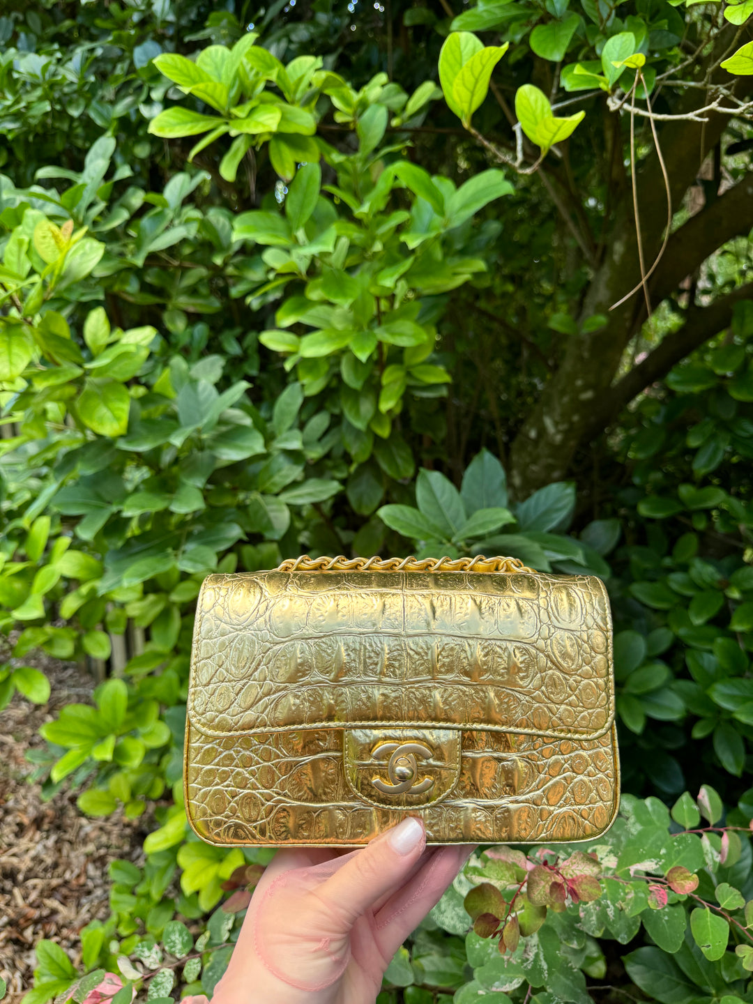 Chanel Gold Croc Embossed Mini Rectangular Flap Bag